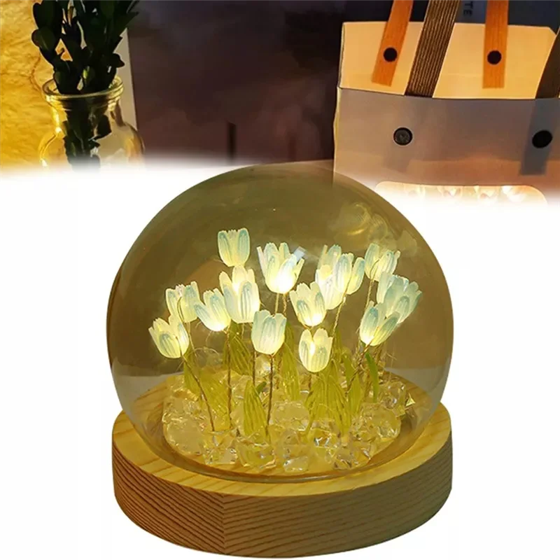 Tulips Night Light Handmade DIY Tulip Girl Living Room Night Light Desktop Light Romantic Ambient Lamp-Pink