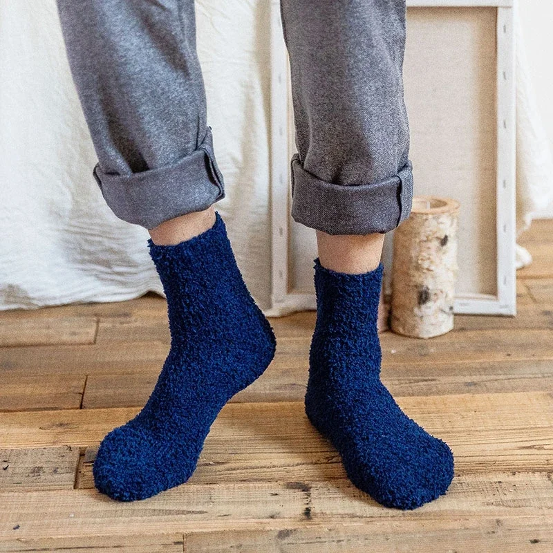 Striped Thicken Thermal Socks Men Winter Warm Coral Velvet Fleece Fluffy Solid Color Loose Sleep Floor Terry Fuzzy Sock Male