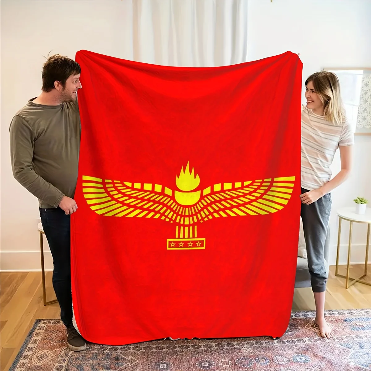The Red Background with a Yellow Eagle Totem Is Unique And Eye-Catching. The Plush Material Is Fluffy And Practical in a Large S