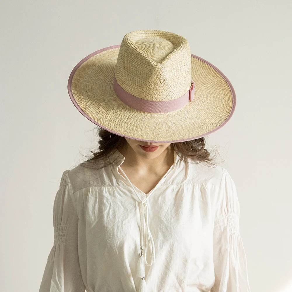 100% Palm leaf Fedora straw hat wide brim fedora hat with ribbon bow