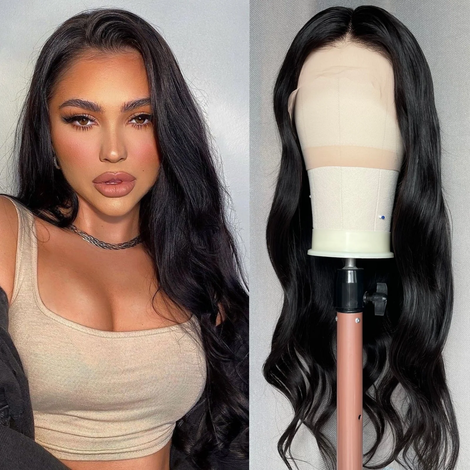 

Black Wig Long Natural Wavy Synthetic Lace Front Wig Glueless Curly Body Wave Brunette Hair Lace Frontal Wigs for Women Party