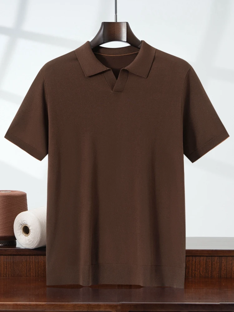 Classic Summer Men T Shirt 100% Lyocell Polo Collar Knitted Pullover Short Sleeve Thin Solid Clothing Tops Smart Business Tees