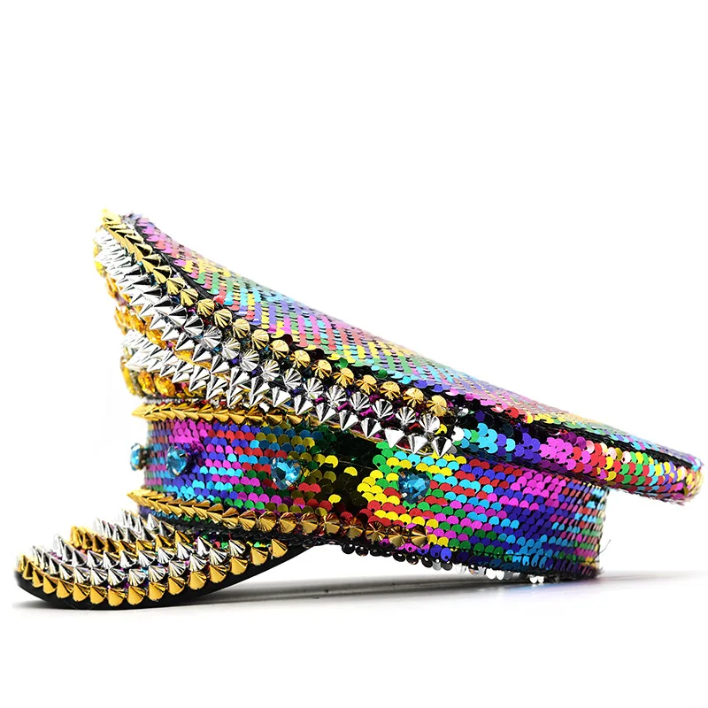 Cross-border Trendy Aliexpress Popular Hats Colorful Rivet Rhinestone Sequin Navy Hat Flat Cap