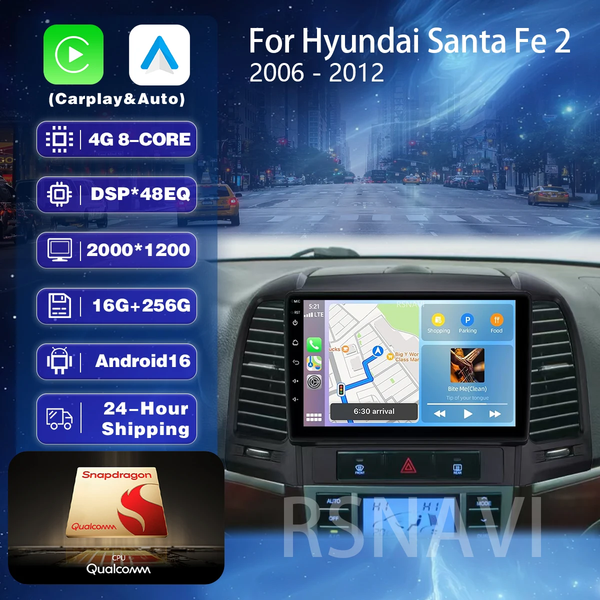 RSNAVI Android 16 Carplay Auto 2K Bildschirm Autoradio Multimedia-Player für Hyundai Santa Fe 2 2006-2012 Auto-Stereoanlage BT 360 Kamera