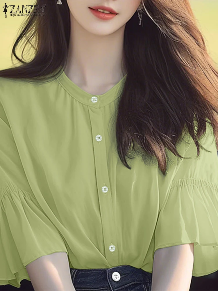 

ZANZEA Womens Elegant Chic Shirts Fashion Mandarin Collar 3/4 Flare Sleeve Button Up Chemise Femme Streetwear Solid Tunic Tops