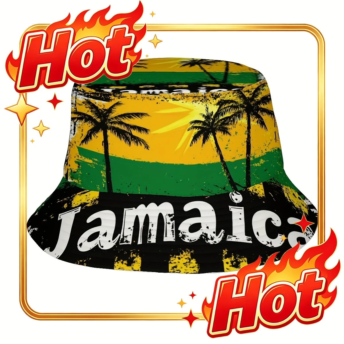 Custom 1pc Jamaica Independence Day Bucket Hat - Yellow-Green Coconut Tree & Bold JAMAICA Print, Funky Unisex Sun Hat