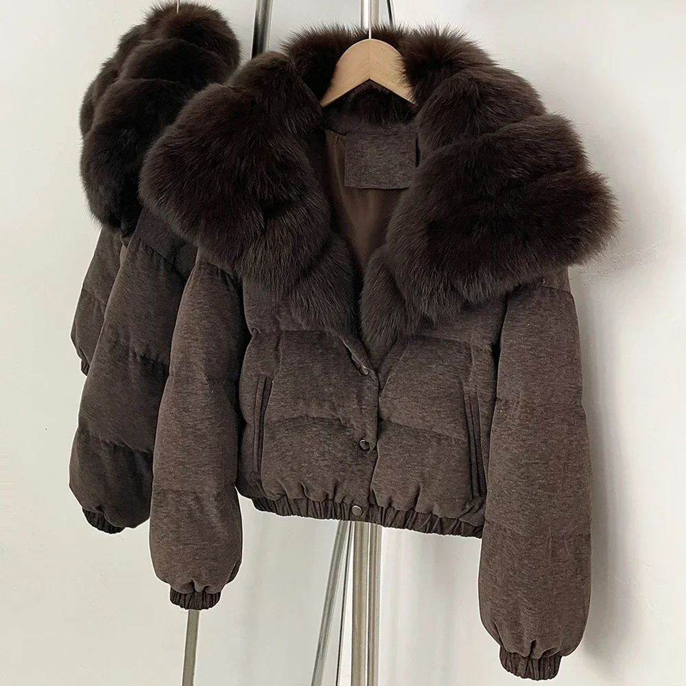 OFTBUY Neue Winter-Baumwolljacke mit Echtfuchs-Pelzkragen, Kurze Bomberjacke für Damen, Daunenjacke für Frauen – Detail 7