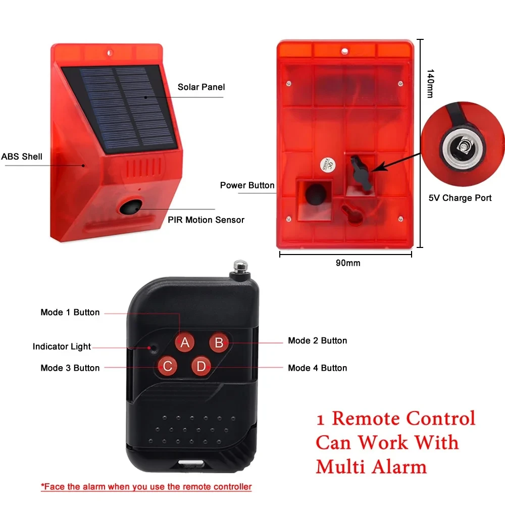 Detector de movimiento Solar infrarrojo, sirena de Control remoto fuerte, sistema de alarma de seguridad para el hogar, patio, exterior,