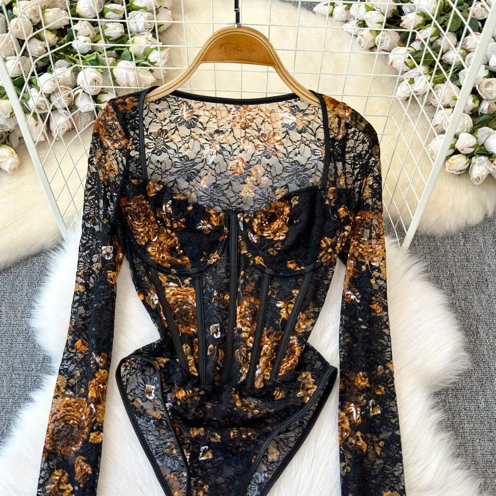 Hotsweet Square Collar Elegant Long Sleeves Chic See Through Mesh Print Bodysuits T-shirt Top Sexy High Street Autumn Jumpsuit