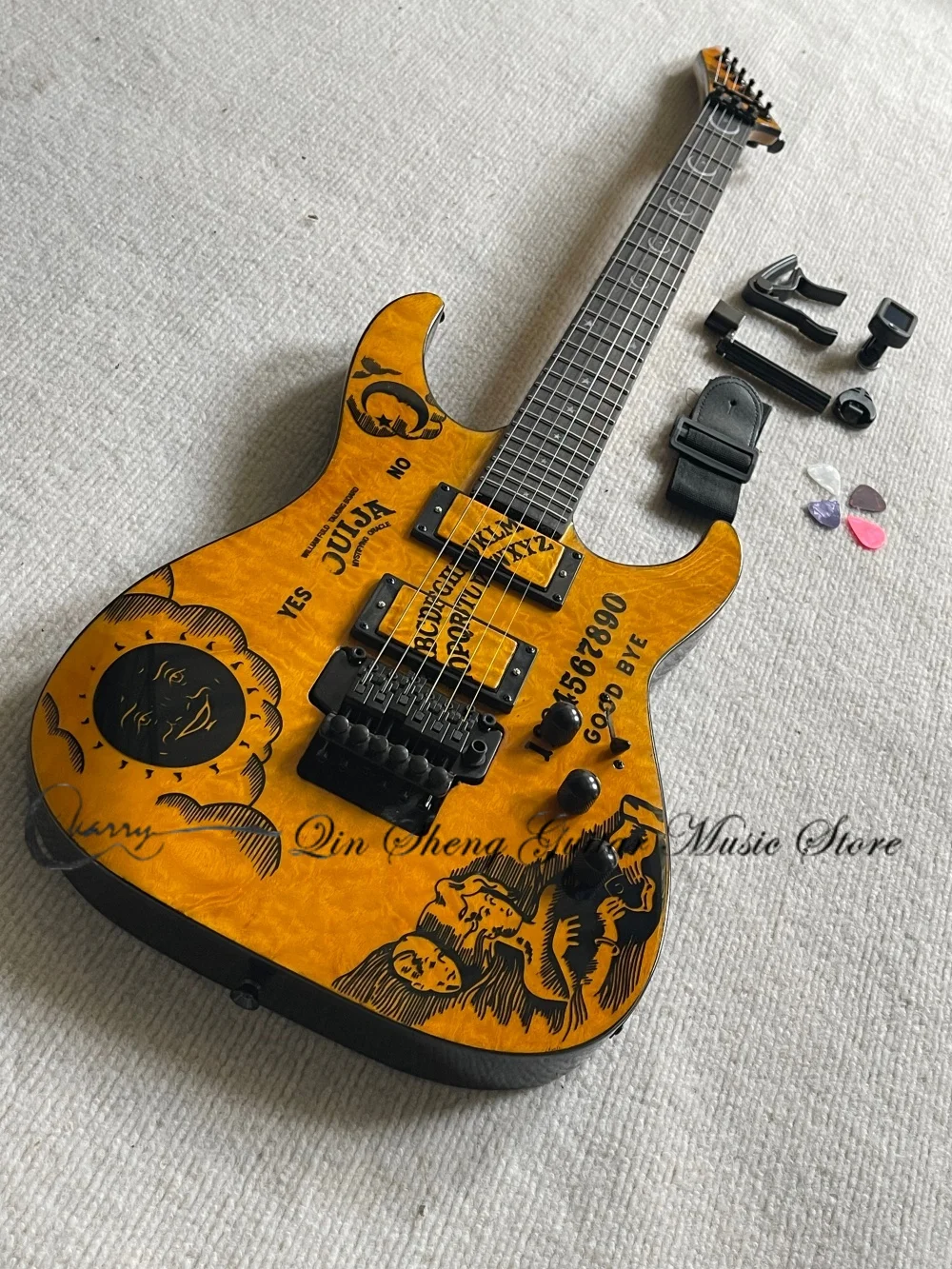 

Yellow guitar, Tremolo bridge, solid wood body,the Goddess of the Moon top, stars fretboard inlay, black tuners
