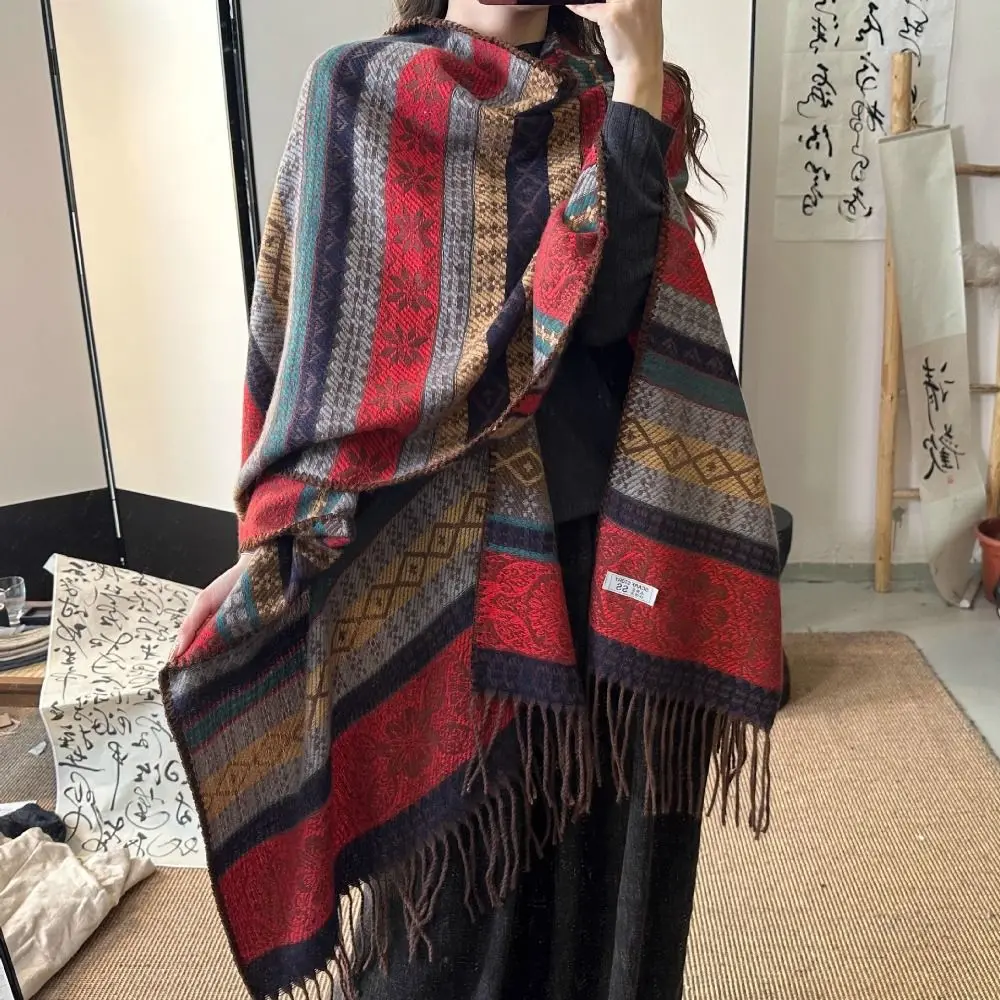 Fashion Autumn Winter Ethnic Style Shawl Imitation Cashmere Stripe Shawl Cape Cloak Cardigan