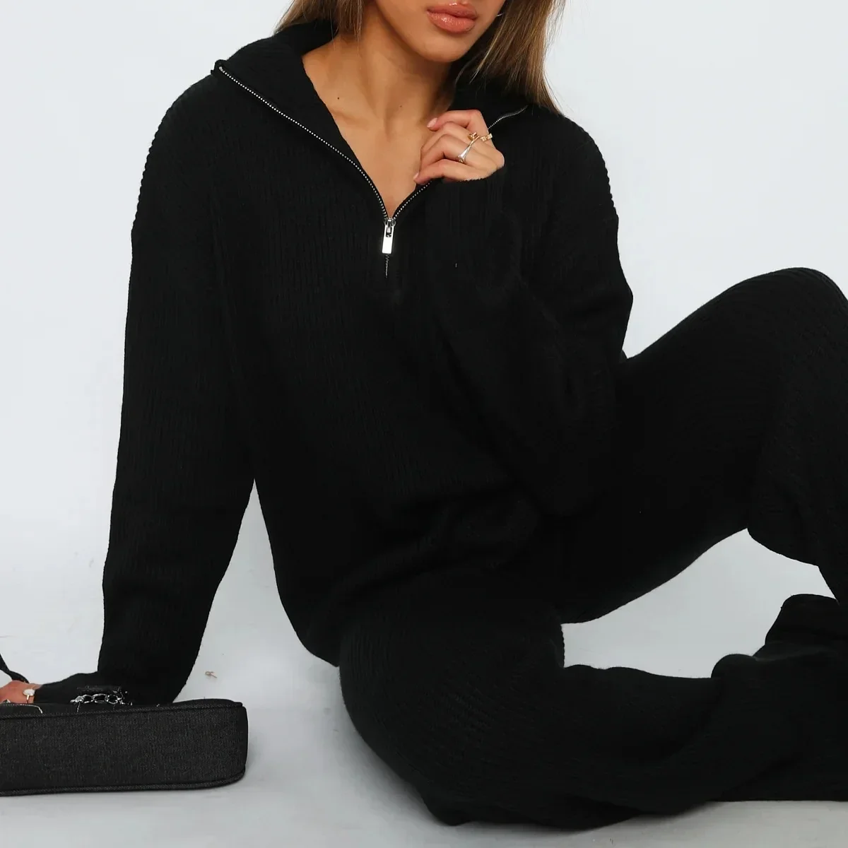 Knit women 2 piece set Pullovers Zipper Sweaters Pant Sets High Waist Long Pants Knit Thick Turn Down Collar Autumn Winter 2025