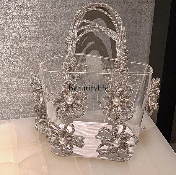 Shiny Transparent Flower Jelly Vegetable Basket Tote, Rhinestone Bucket, Underarm Handbag