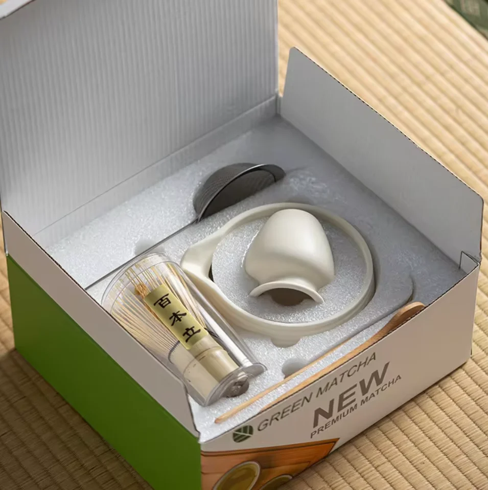 

BespritGift Matte Matcha Set 8pc Ceramic Chawan Bamboo Chasen Stand Matcha Whisky Scoop Complete Starter Kit Latte Art Gift Box