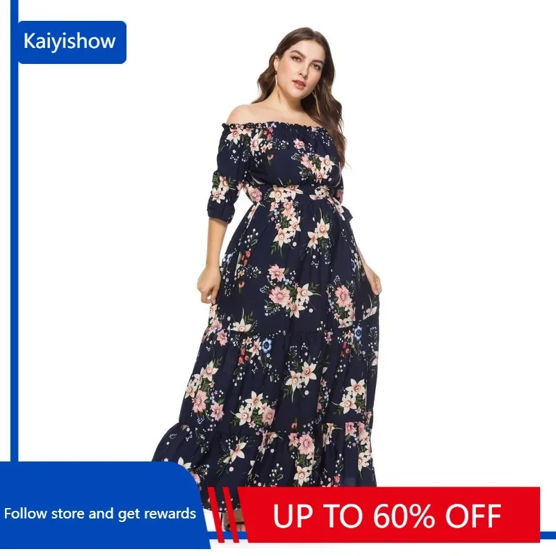 

2023 Summer Hot Sale European And American Style Plus Size Bohemia Slash Neck Printed Dress For Women