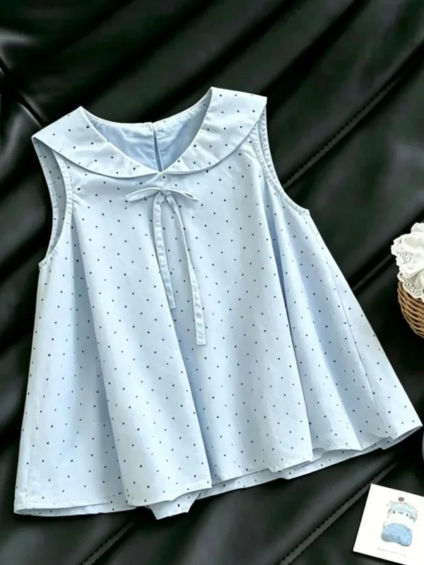 Vestido de verano para niñas, vestido de algodón con cuello azul marino y lunares, falda sin mangas, vestido tipo chaleco a la moda, transpirable, agradable para la piel, ajuste estándar