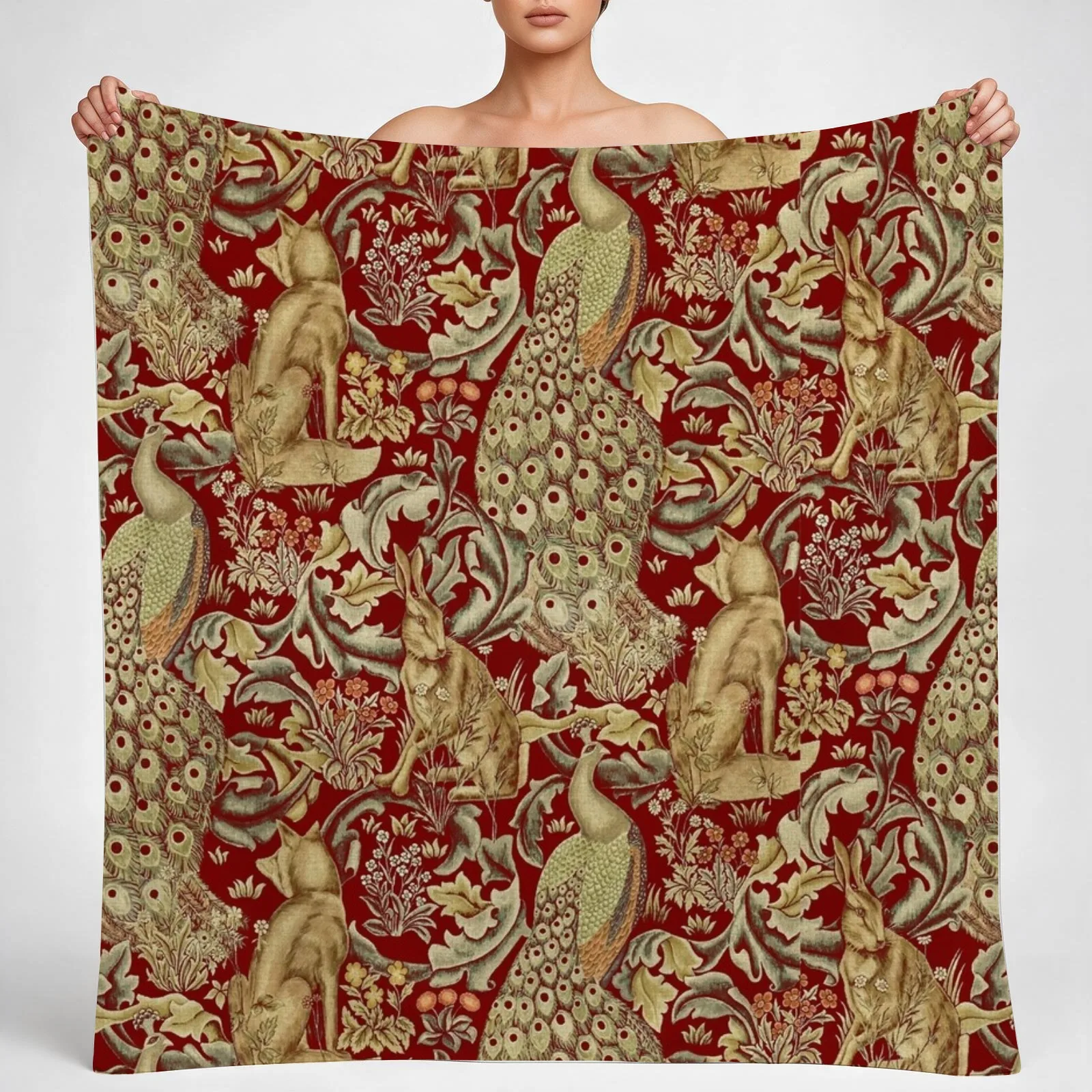 FOREST ANIMALS,PEACOCKS,FOX AND HARE IN RED LEAVES FLORAL PATTERN Throw Blanket couch