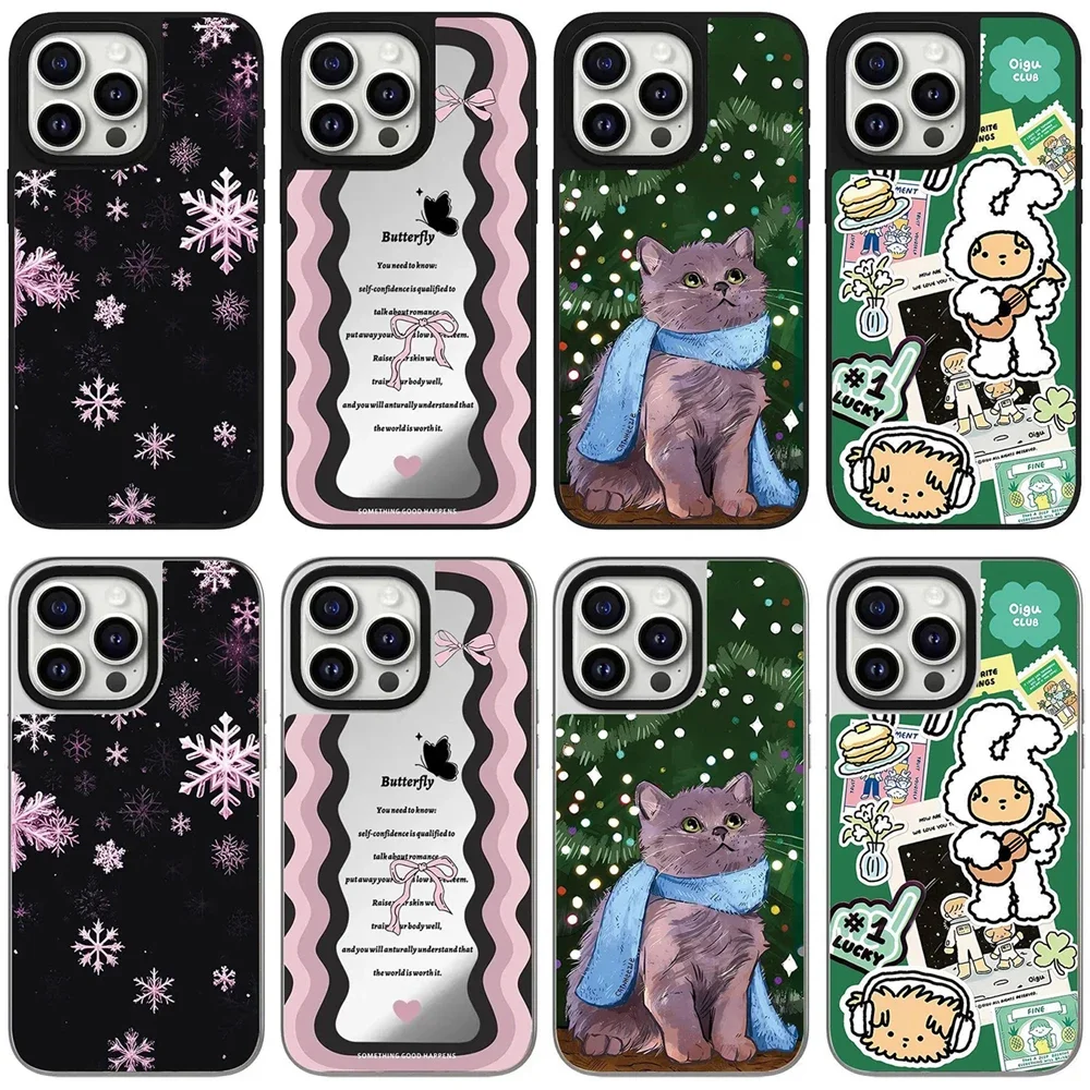 

Snowflake Cat Black Silver Border Mirror Surface Phone Case Cover for IPhone 12 13 14 15 16 Pro Max Case