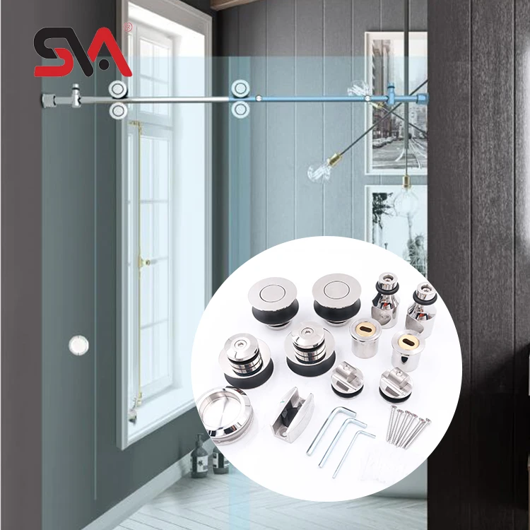 SVA-0029B Double Rollers Round Pipe Stainless Steel Fitting Four Wheels Bathroom Shower Frameless Sliding Glass Door Hardware