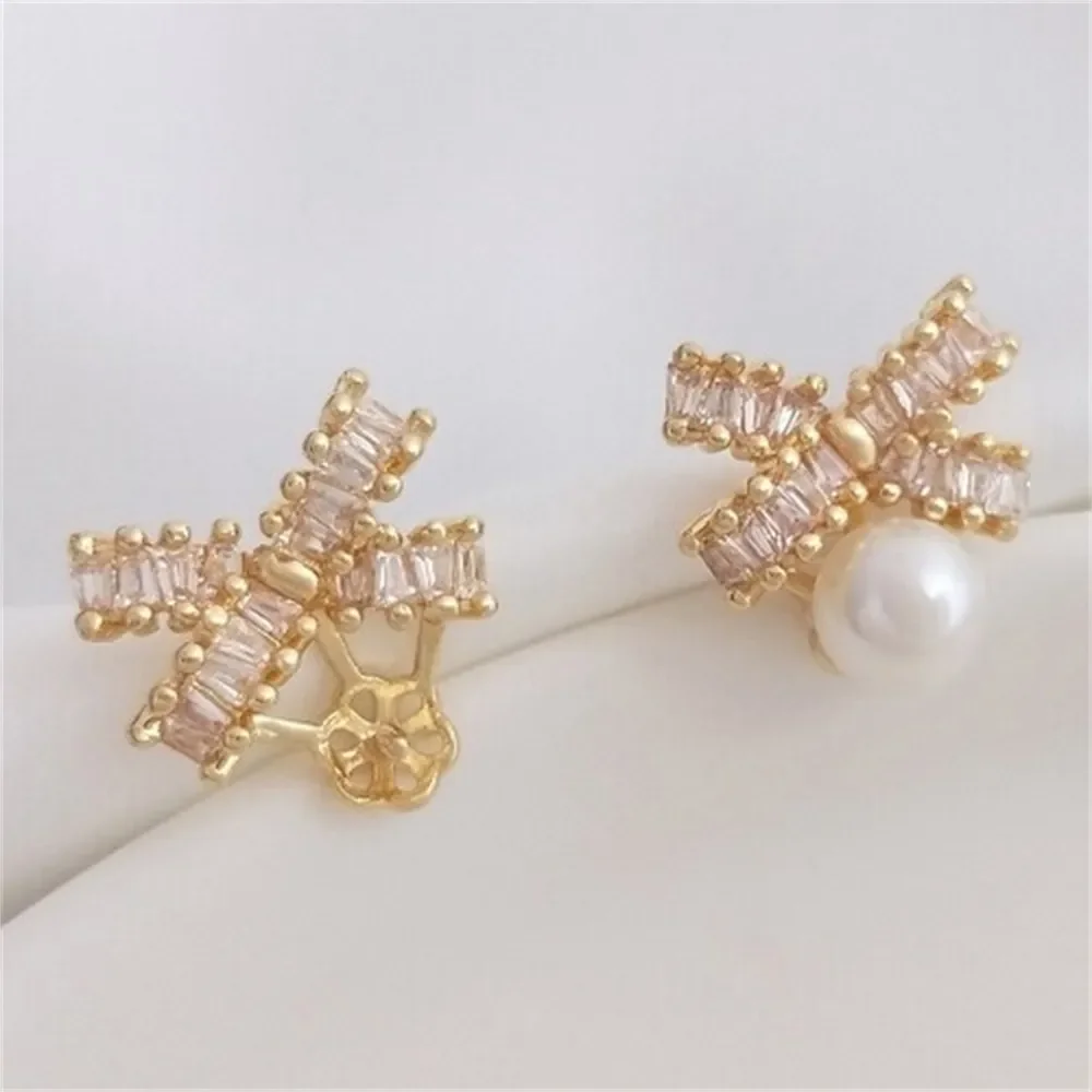 

14K Gold-plated Zircon Bow with Half Hole Bead Holder Earrings 925 Silver Needles DIY Adhesive Pearl Ear Accessories E280