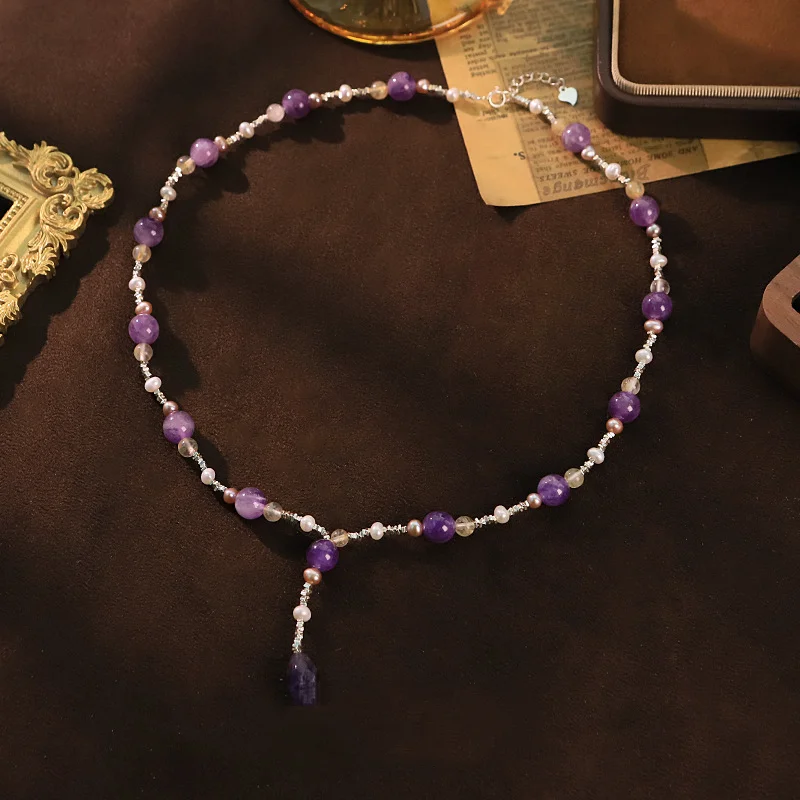 

Ожерелье из пресноводного жемчуга и аметиста с бусинами-крошками для женщин: модное, универсальное, роскошное, простое колье-чокер, ювелирное украшение