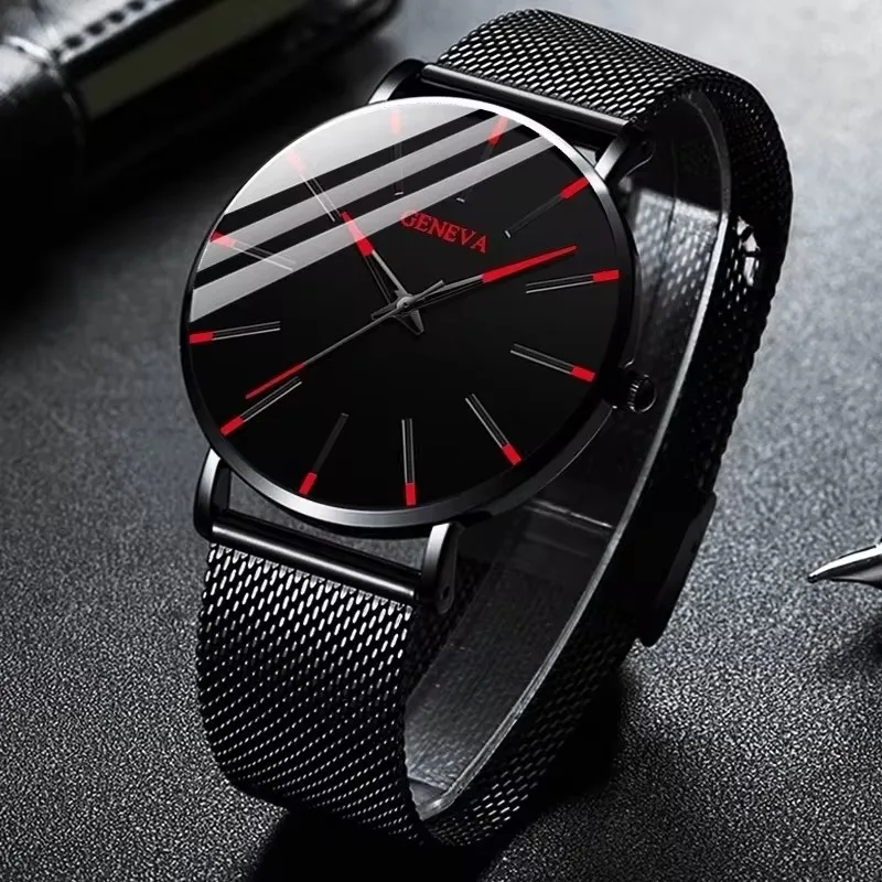 Geneva Watch Men Ultra Thin Watches Black Steel Mesh Band Quartz Wristwatches Men Sports Watches Montre Homme Horloge Heren