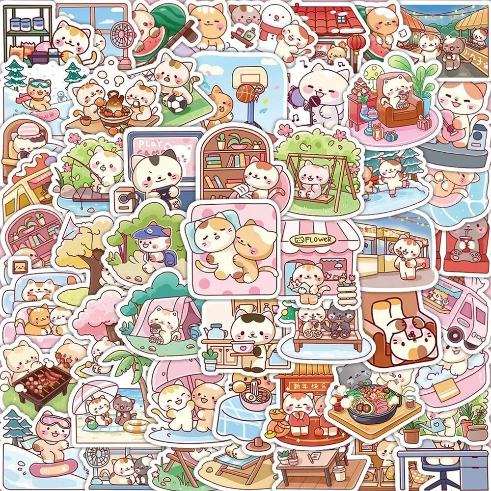 10/30/60pcs Cute Cartoon Cat Daily Life Sticker Kawaii Kitten Decals Graffiti Stationery Diary Scrapbooking Vinyl Sticker Packs