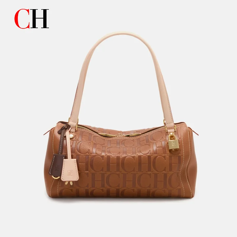 CH Women Embossed PU Leather Shoulder Bag Luxury Designer Retro Brown Top Handle Handbag For Daily Use