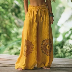 Vintage Women Casual Loose Print Wide Leg Pants Ethnic Print Bohemian Long Pants Women Fashion High Waist Solid Long Trousers