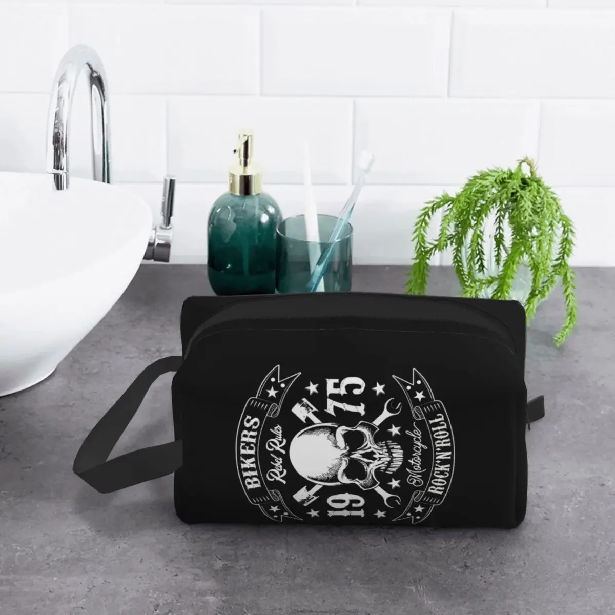 Trousse de Toilette Vintage Rock Skull pour Femme, Trousse de Voyage Rockabilly Bikers, Trousse de Maquillage Cosmétique, Trousse de Rangement