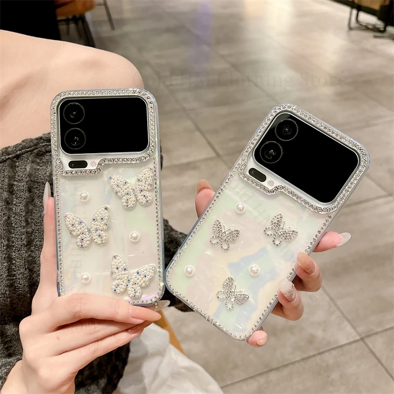

Laser Rhinestone Bow Gradient Phone Case For Xiaomi 17 Pro Max 3D Diamond Love Heart Pearl Cover For Xiaomi Mi 17 Pro Max Fundas