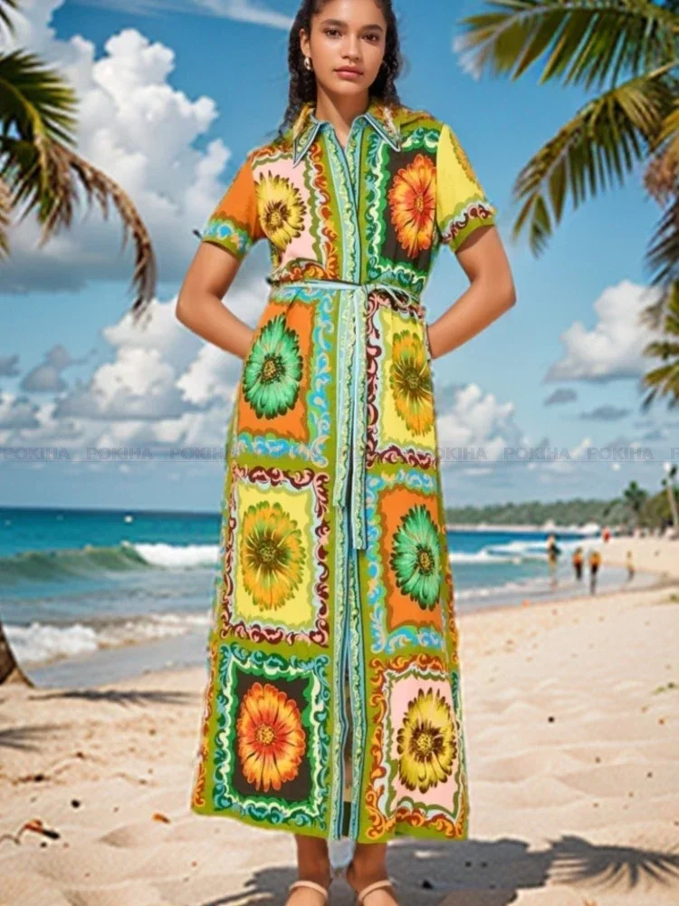 

Женское платье макси с винтажным принтом, Элегантное Длинное платье с коротким рукавом для отдыха и пляжа, шикарный наряд для женщин на лето