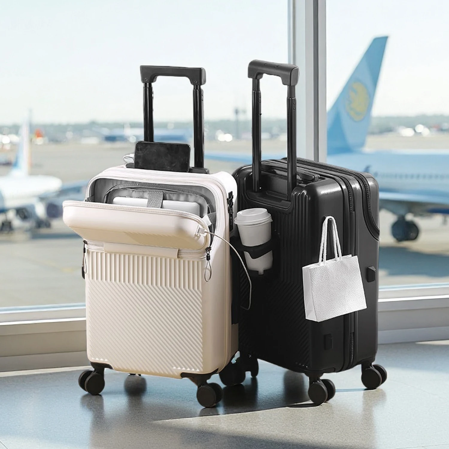 

Front-Opening Multifunctional Luggage Zippered Portable Trolley Case With Cup Holder USB Charging Interface suitcase On Wheels