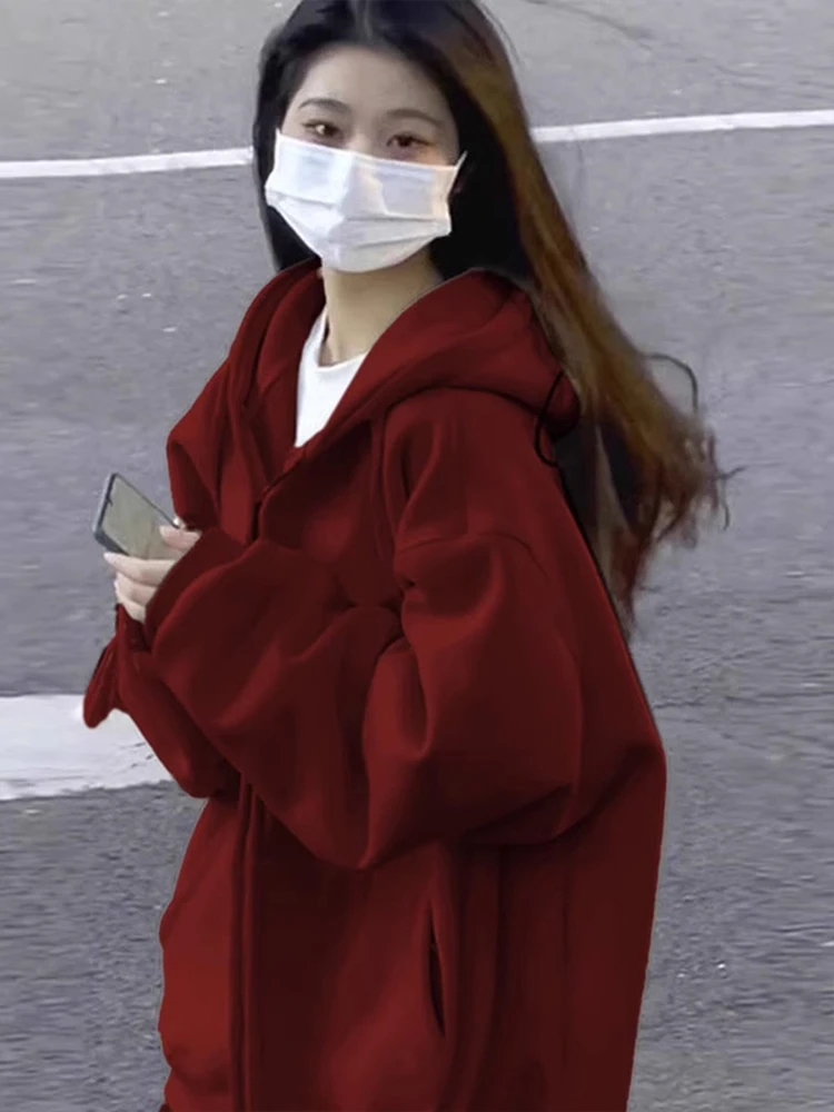 Sweat à capuche surdimensionné rouge vin Jaet femme décontracté coupe ample américain Sle automne hiver nouveauté Streetwear fermeture à glissière