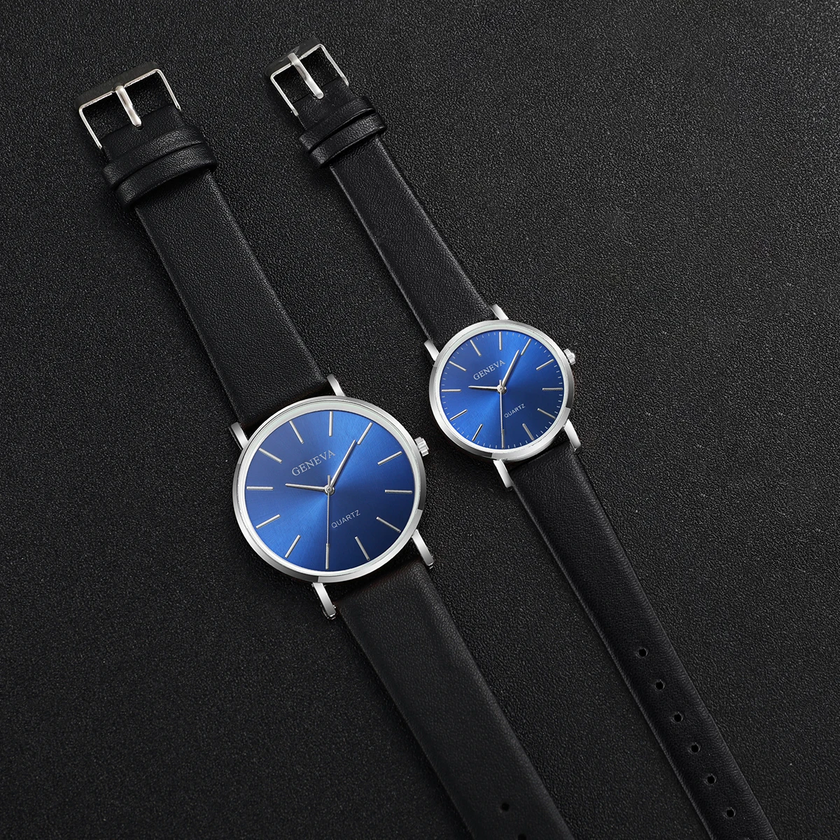 2PCS Couple\'s Watches Fashion Blue Dial Women Quartz Watch Men Leather Band Wristwatches