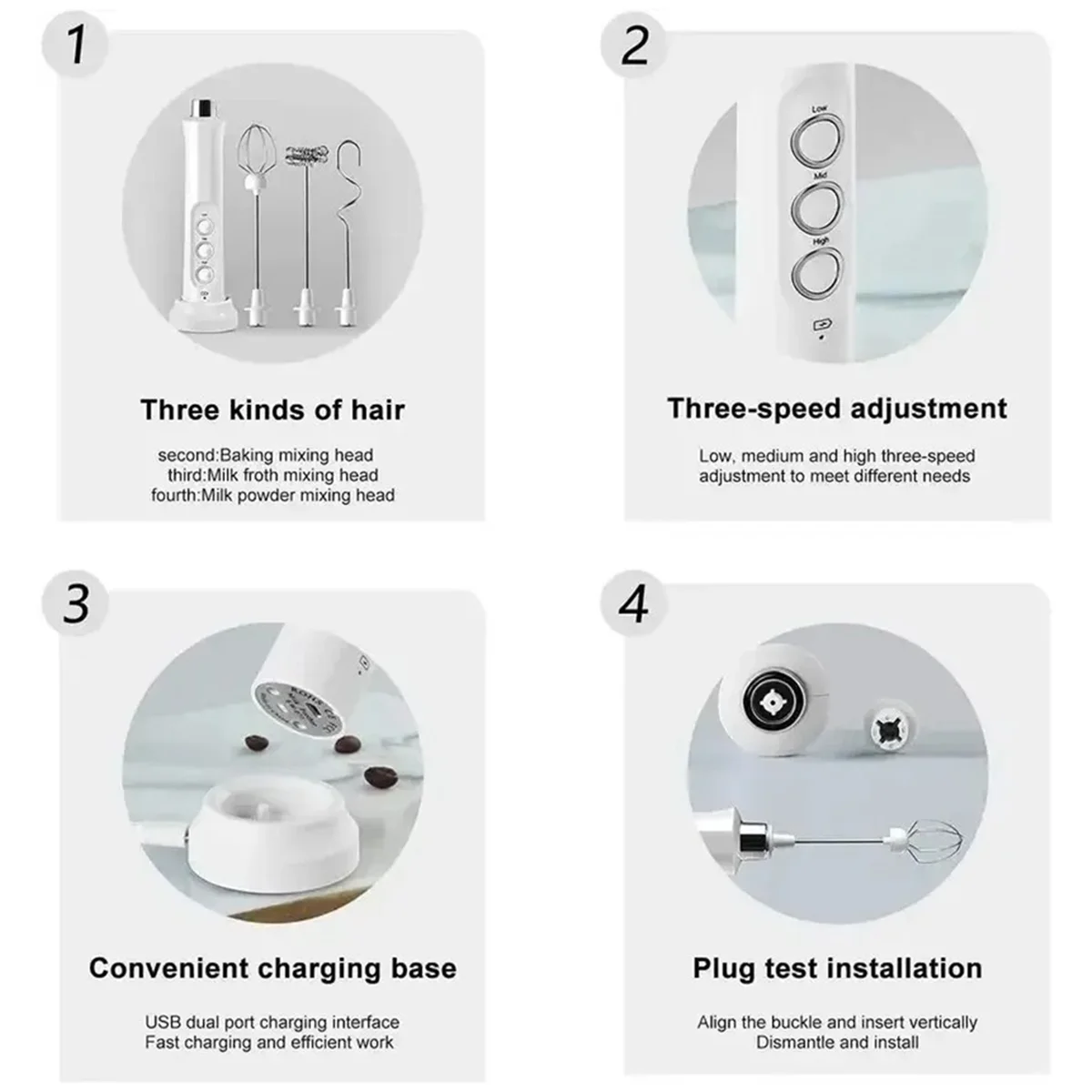 FZFZ 휴대용 전기 우유 거품기 3-in-1 우유 거품기 주방에서 계란을 때리는 데 적합 휴대용 우유 블렌더 B