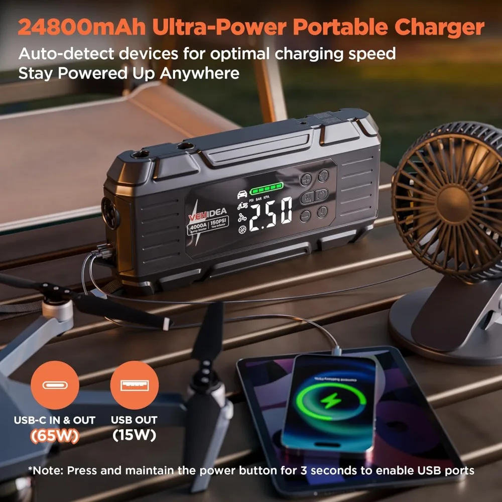 بطارية السيارة المحمولة الانتقال كاتب 4000A مع ضاغط الهواء 150PSI منفاخ لإطارات السيارة حزمة الطاقة لأدوات RV للسيارات