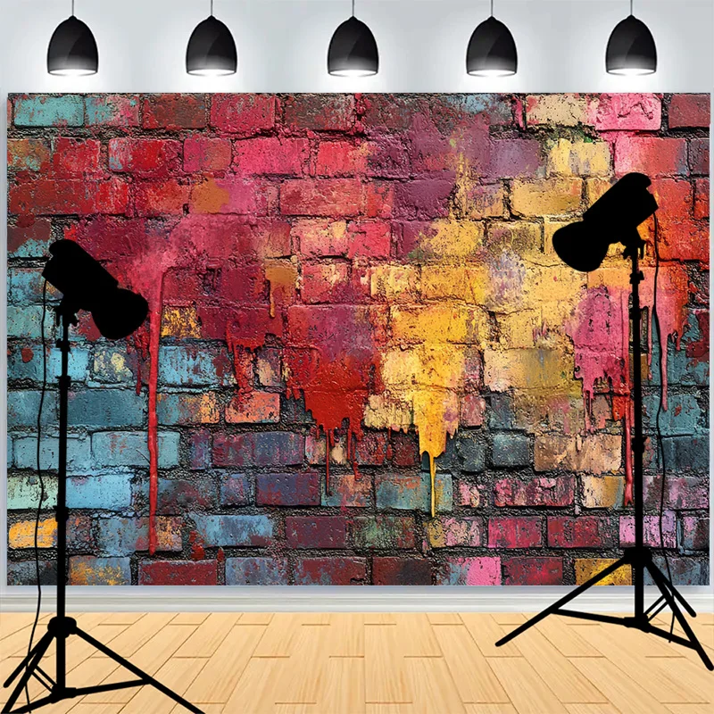 

Abstract Neon Rainbow Painted Brick Wall Background Damaged Rustic Texture Vibrant Graffiti Grunge Photography Backdrops BK-02