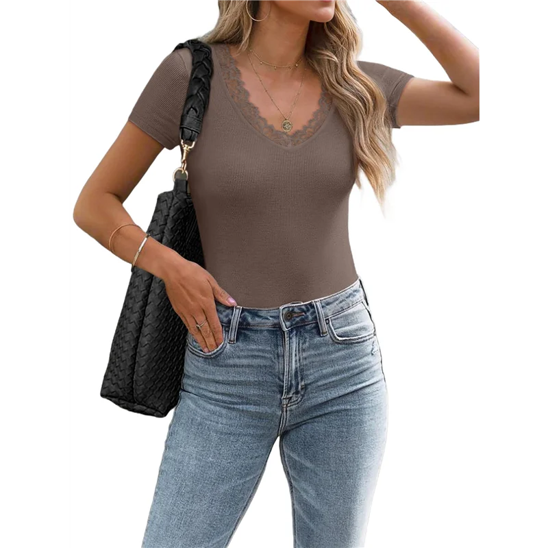 

Women Short Sleeve Lace V Neck Shirts Ribbed Knit Fitted Business Dressy Casual Summer Blouses T-Shirt