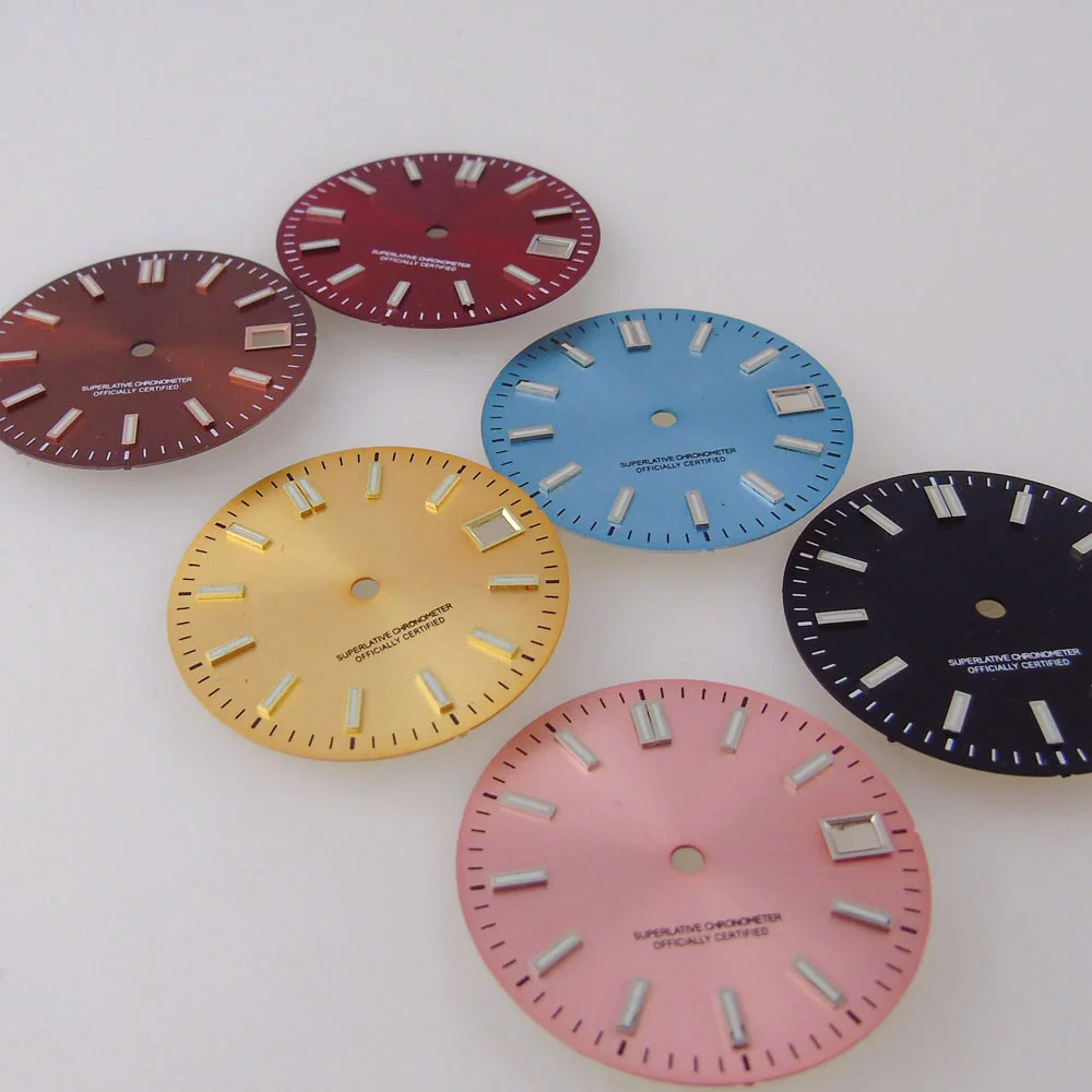 Esfera luminosa para reloj, accesorios de esfera de 29mm, color negro, azul, rosa, rojo, marrón y amarillo, aptos para movimiento NH35A, acabado Sunburst