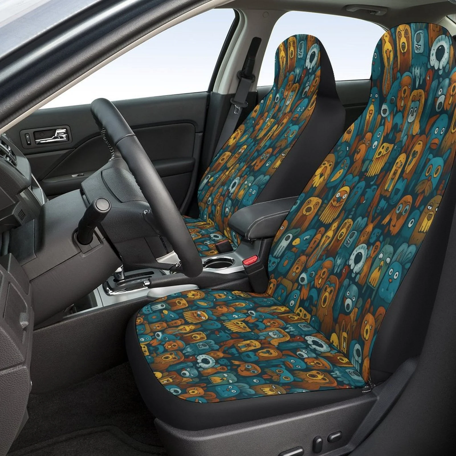 Set Of Car Seat Covers Featuring A Pattern Of Animal Faces, Suitable For A Variety Of Vehicles. These Stylish And High-Quality C