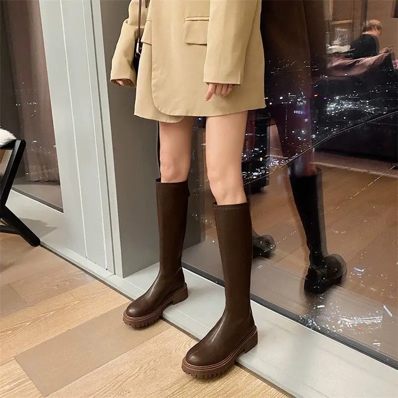 Long Short Boots No More Than Knee Boots for Women Autumn/Winter 2024 with Fleece Slim Brown Tall Knight Boots