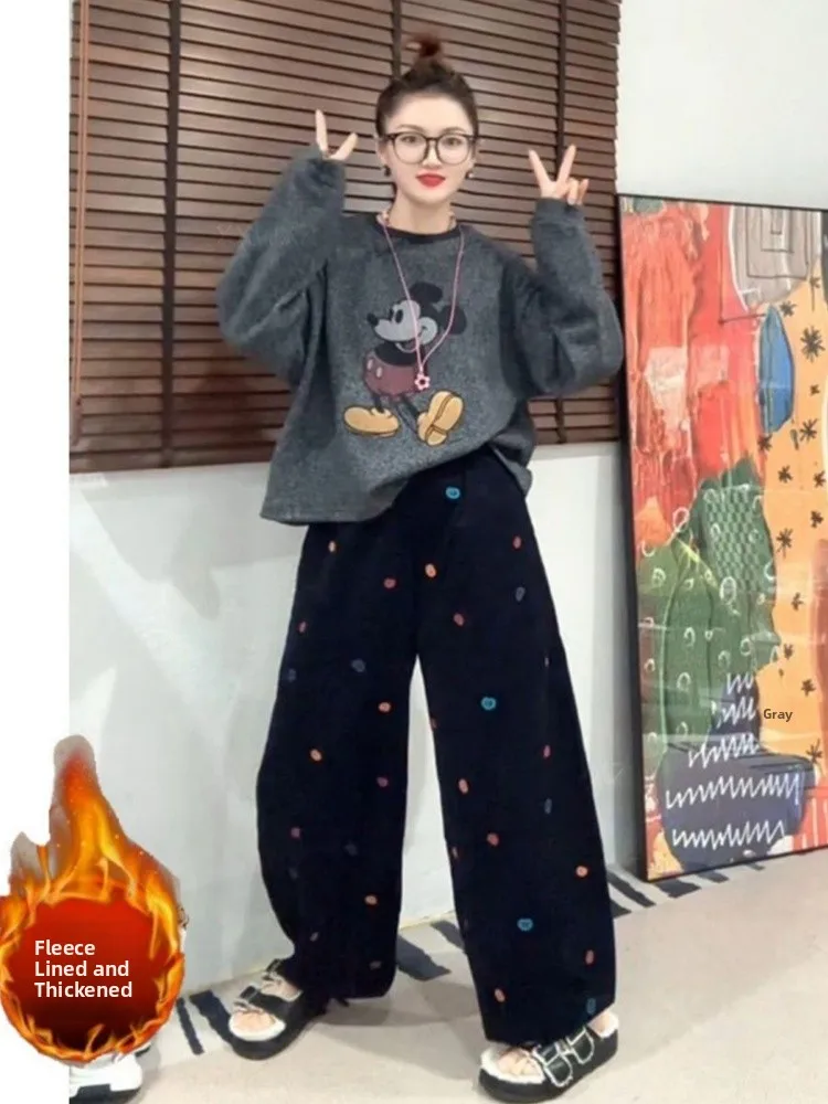 

Blue Embroidered Balloon Pants Women's Autumn Winter High Waist Straight Leg Banana Wide Leg Lantern Pants Korean Style Commute