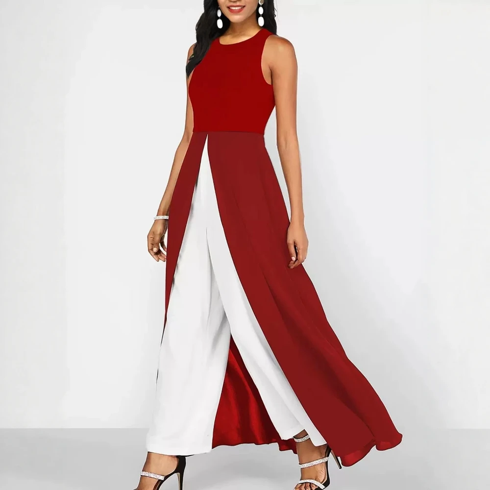 レディース サマー ジャンプスーツ ファッション コントラストカラー ノースリーブ クルーネック フルレングス ワイドレッグ