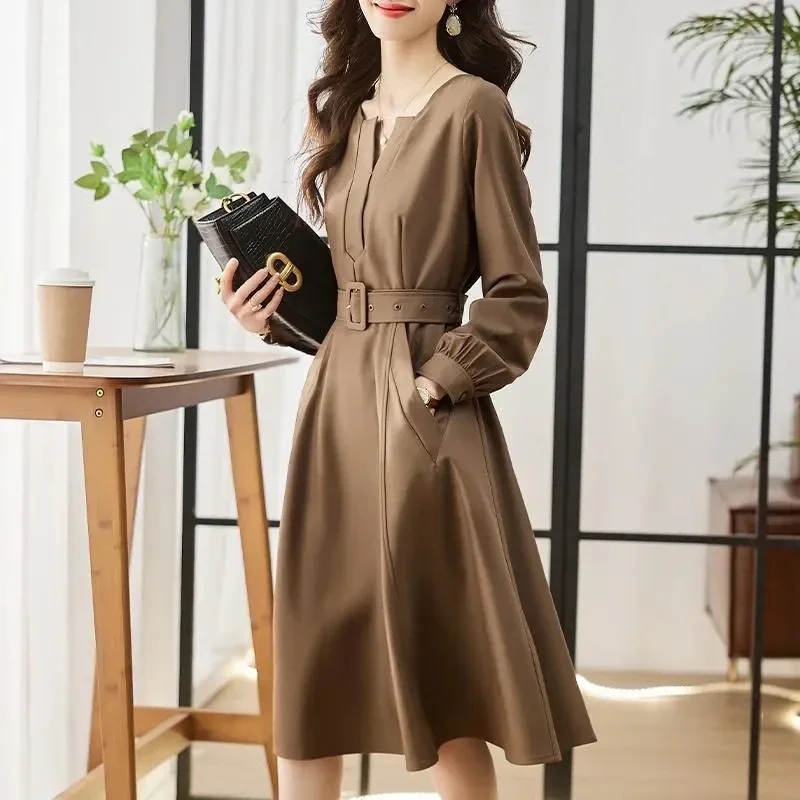 V-neck Office Elegant Midi Dress Long Sleeve Autumn Dresses Korean Pocket Vestidos New Fashion Women A-line Elbise With Belt