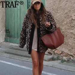 TRAF 2024 Fleece Oversize Jacket Woman Leopard Plush Jacket Women Streetwear Long Sleeve Autumn Winter Teddy New In Jackets