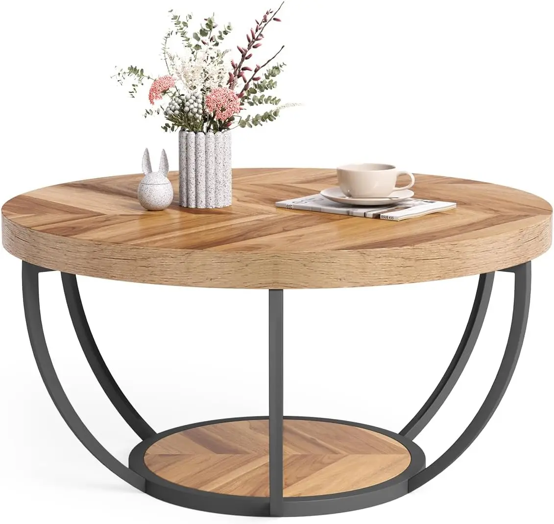 Round Coffee Table, 32" Circle Coffee Table for Living Room, 2-Tier Wood Accent Center Table with Open Storage Industrial Design