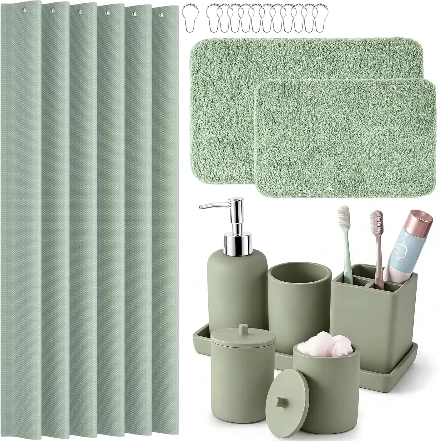 

Sage Green Bathroom Accessories Set with Shower Curtain, Mats, and Organizer, 21 Pcs for Home Apartment