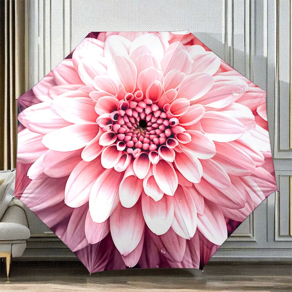 

Automatic Folding Umbrella The umbrella features a large pink flower pattern. Portable collapsible design, casual outdoor acce
