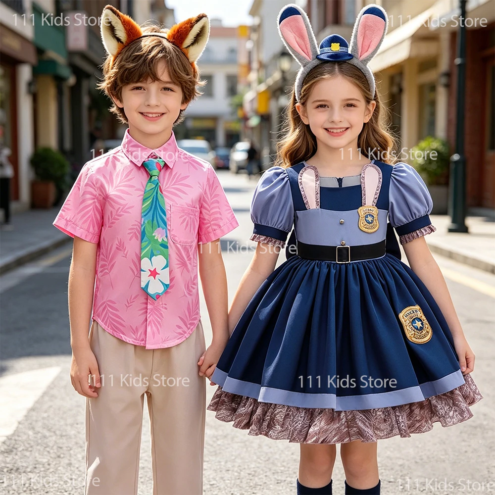 Crazy Zoo Boys Girls Outfit Mr. Fox Nick Rabbit Police Judy Cosplay Costume with Headband Summer Dress Up Children Birthday Gift